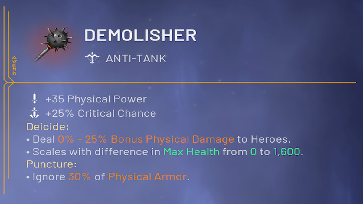 Item menu, demolisher item details and stats