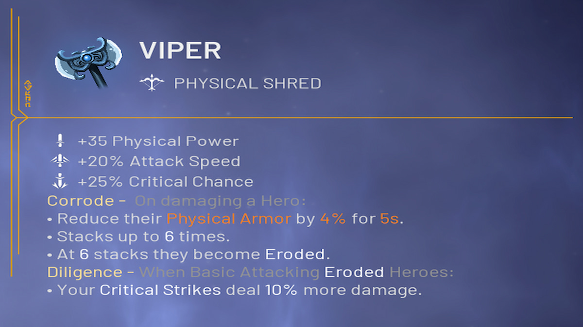 Item menu, Viper item details and stats