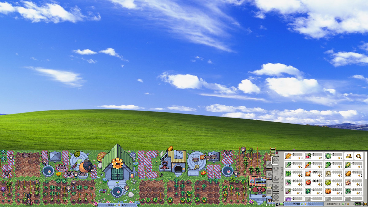 A large farm in Rusty's Retirement sits below the default Windows XP desktop.