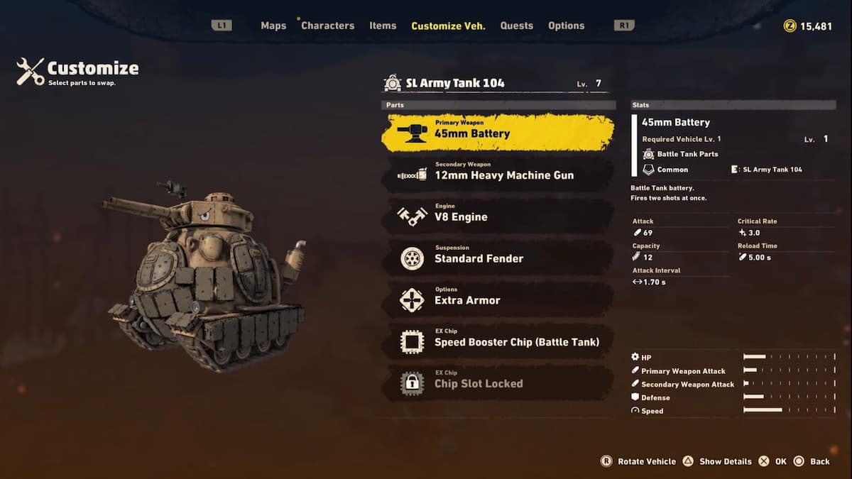 Battle Tank customization menu in Sand Land