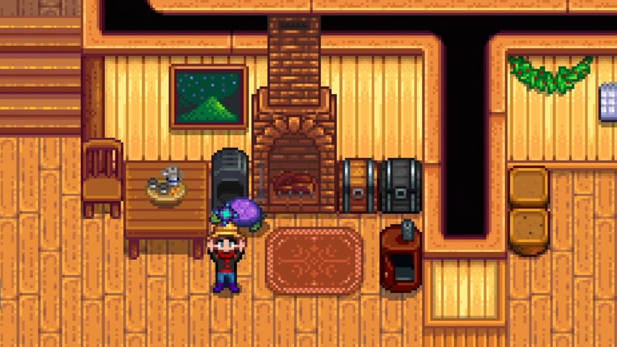 Farmer holds iridium ore over her head by a furnace