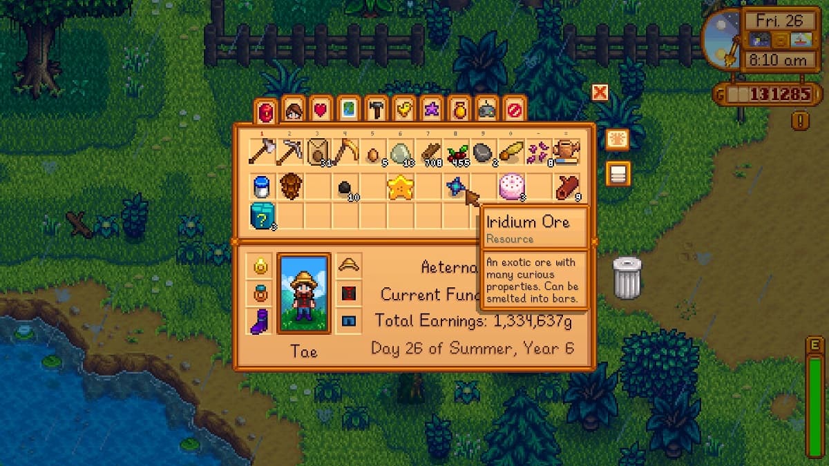 Iridium ore in Stardew Valley backpack