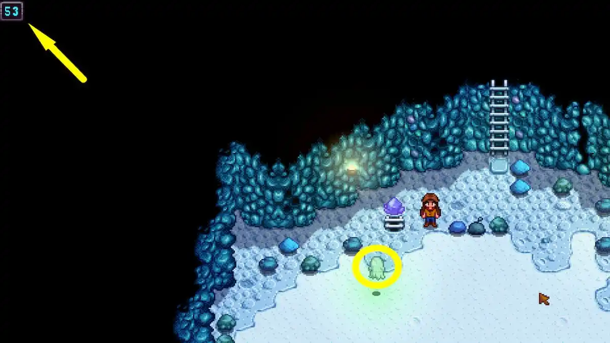 Floor 53 in the mines, icy area, with green ghost flying toward player