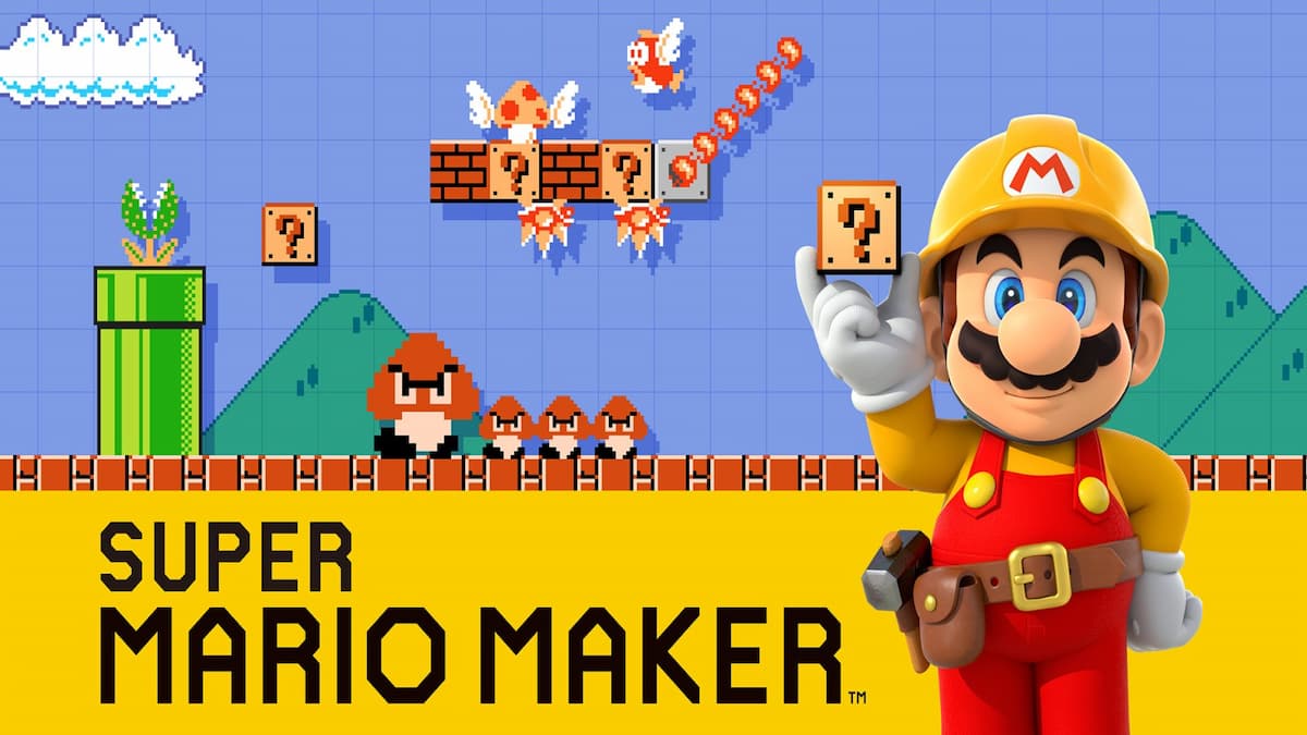 Mario in a hard hat in front of a level