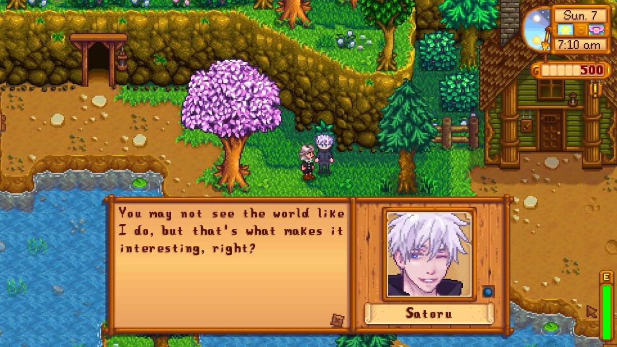 Player speaks with Satoru Gojo in Stardew Valley