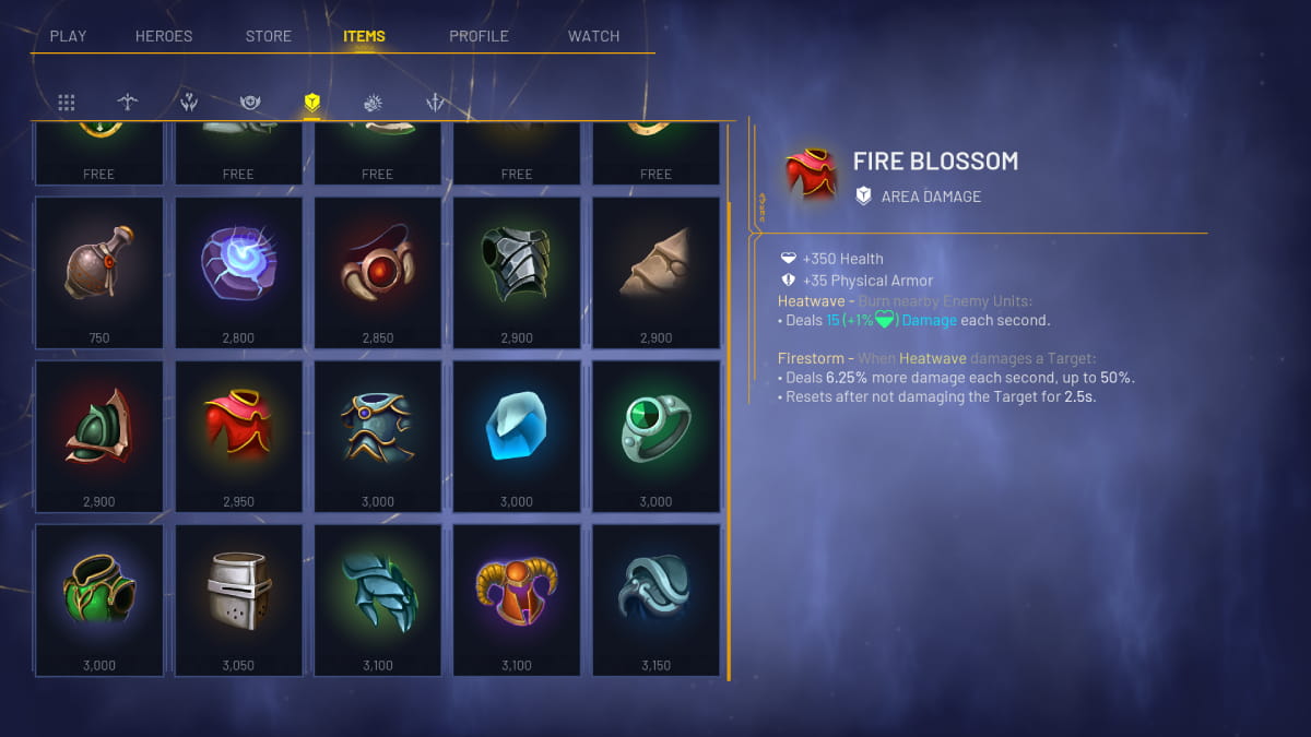 Fire Blossom in the items screen in Predecessor