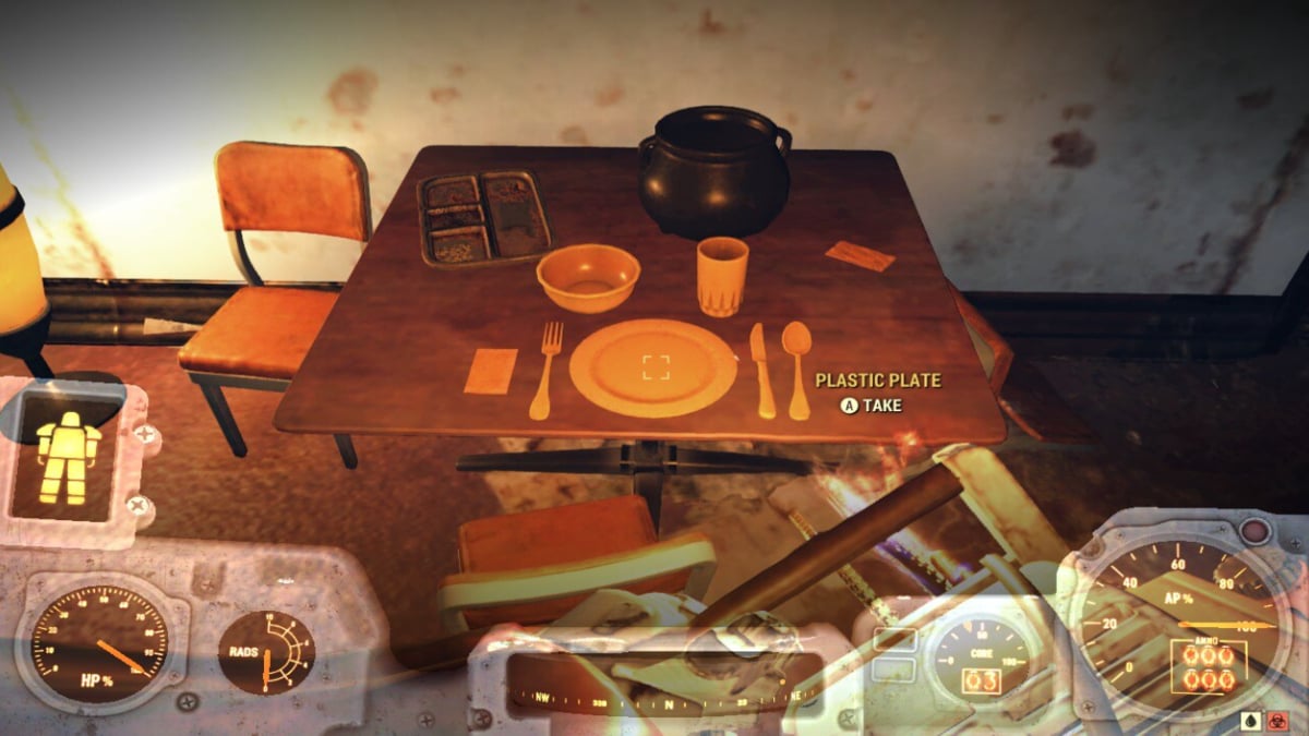 I am picking up a plastic plate from the cafeteria at Watoga High School to buy plastic in Fallout 76.