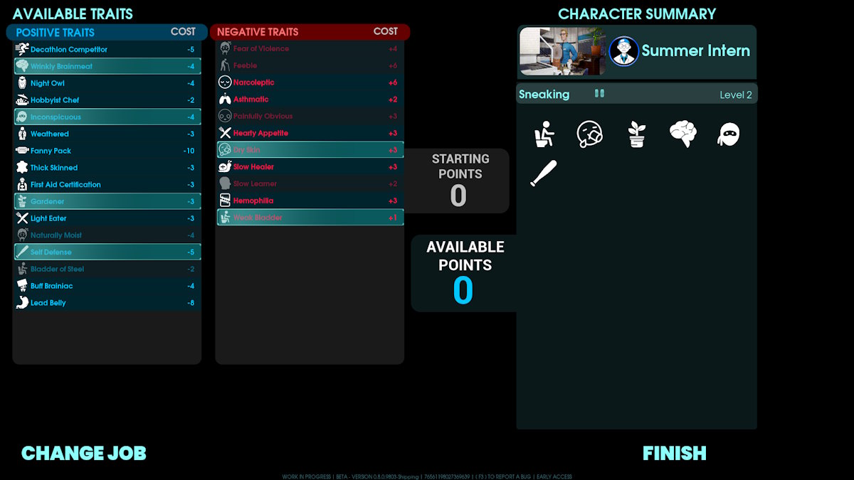 The character creation screen from Abiotic Factor, showing available traits and a character summary.