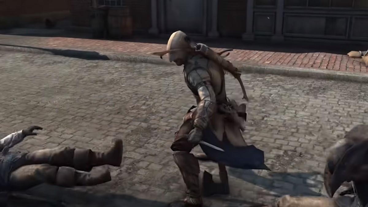 Connor Kenway using hidden blade in Assassin's Creed III.