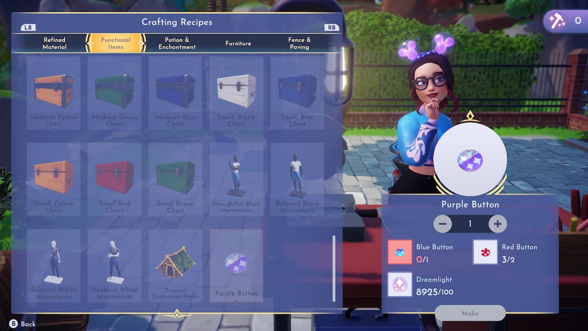 Disney Dreamlight Valley crafting menu with Purple Buttons for Dreamlight Parks Fest