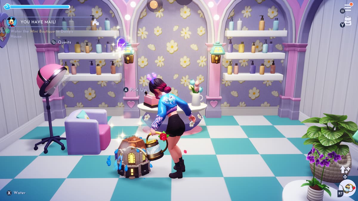 Player watering mini boutique in Daisy's house