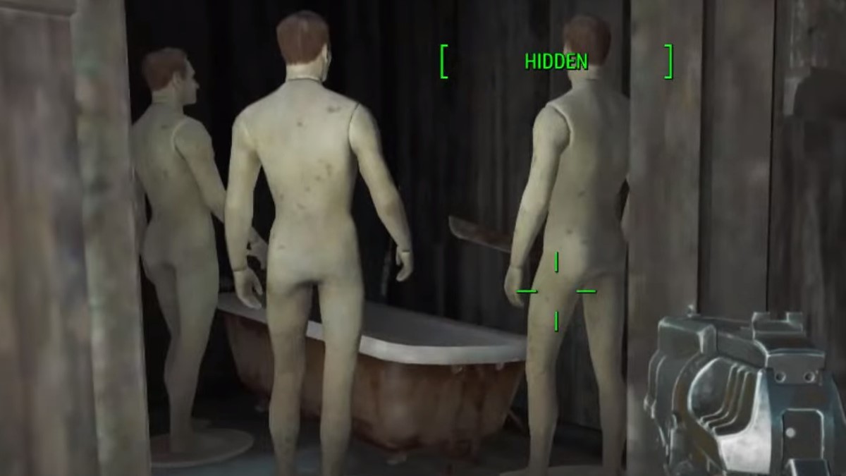 mannequins by a bathtub in Fallout 4.