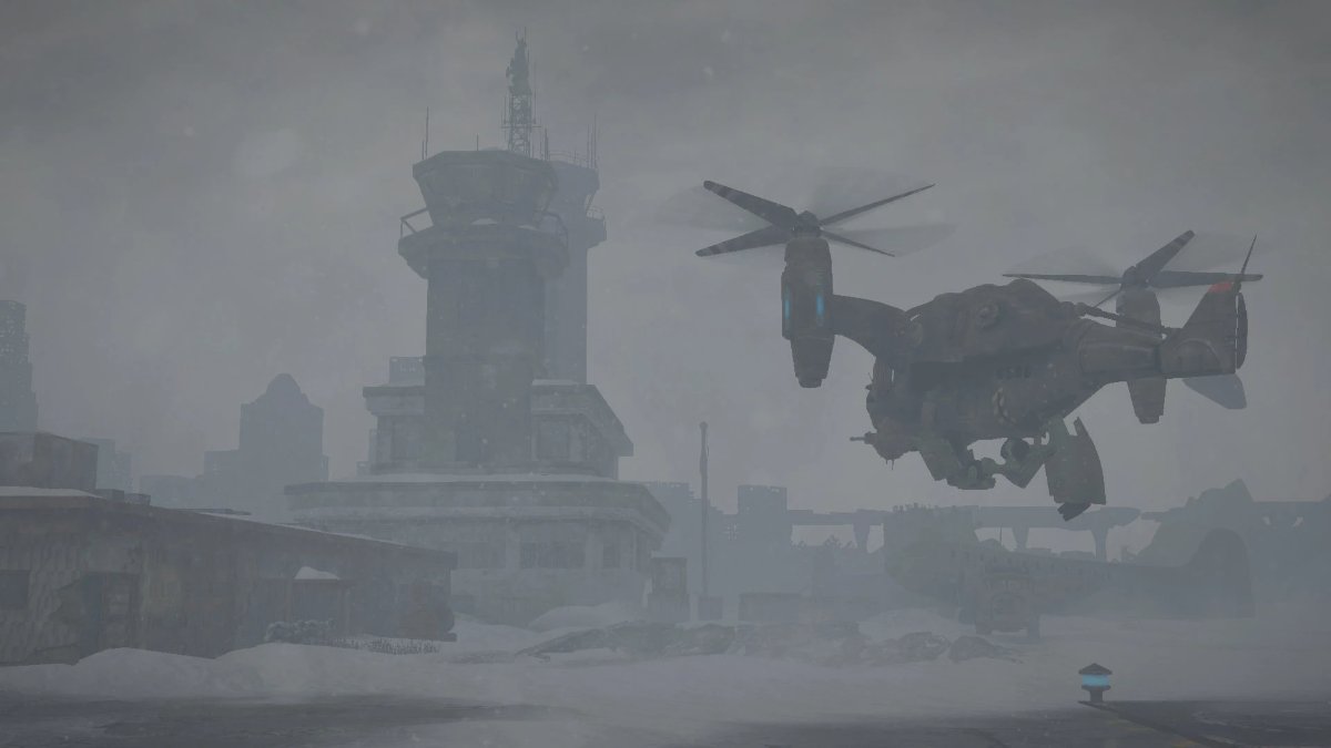 A vertibird flies towards a building in the distance.