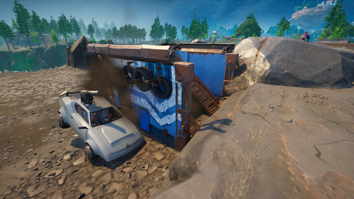 Throwing a Porta-A-Bunker down in front of the car in Fortnite Chapter 5 Season 3