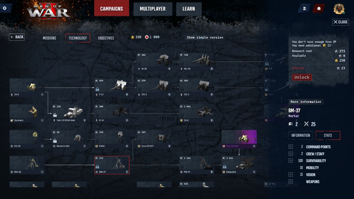 Men of War 2 technology tree with the mortar selected.