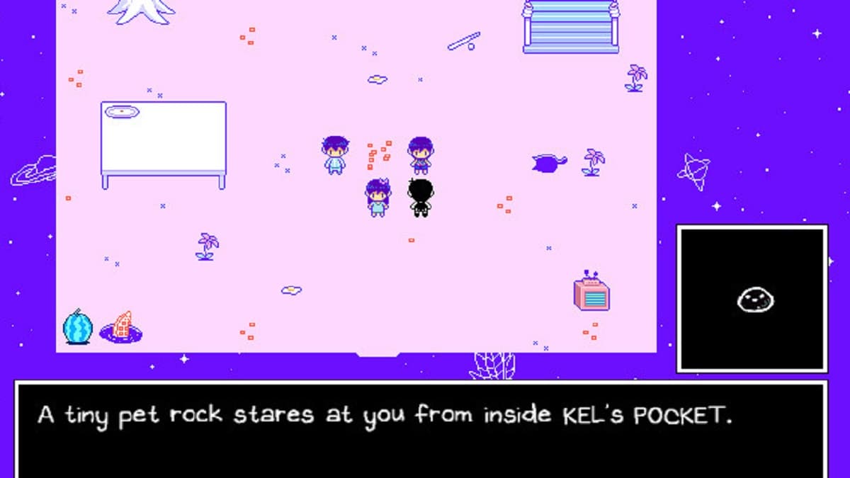 Omori stares at Kel's pet rock