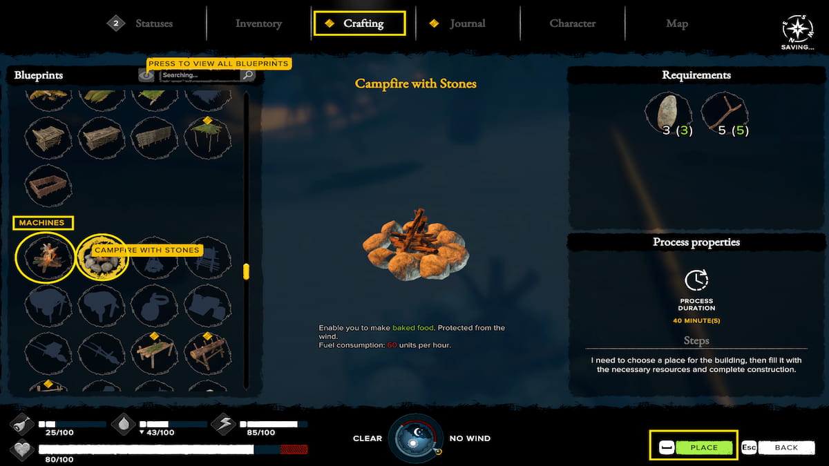 Crafting menu in Survival: Fountain of Youth with campfires