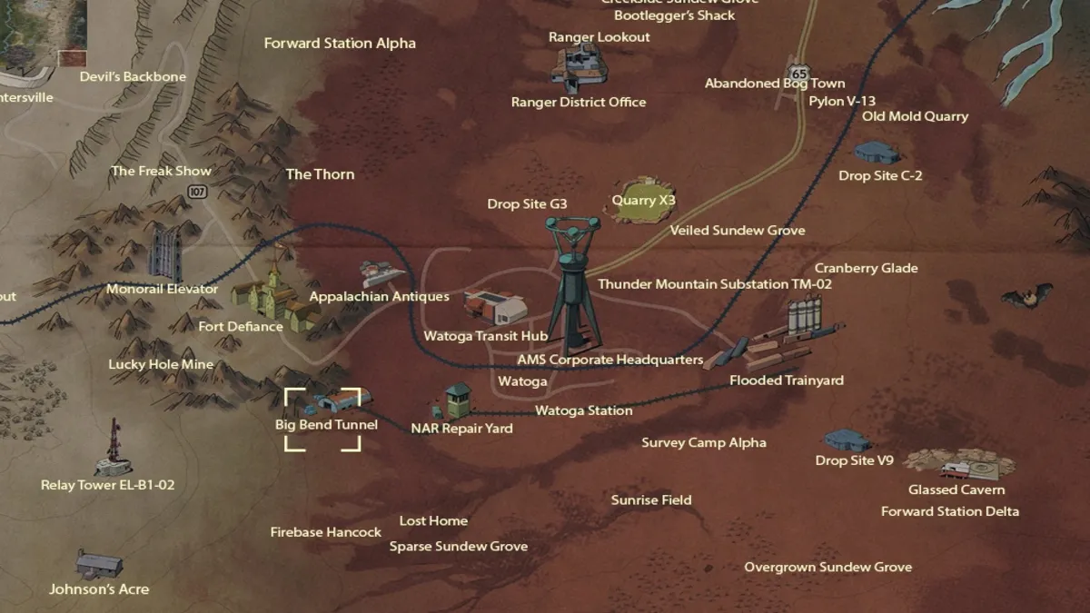 The location of Big Bend Tunnel marked on the map in Fallout 76.