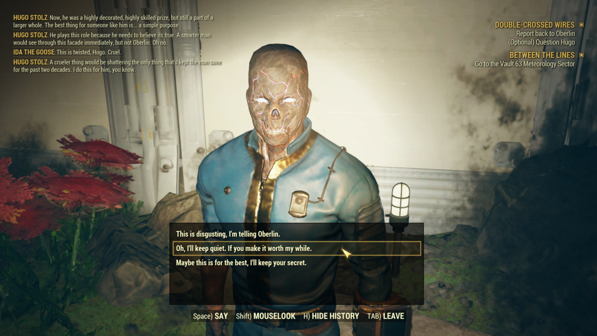 Blackmailing Hugo for Caps during the Double-Crossed Wires quest in Fallout 76.