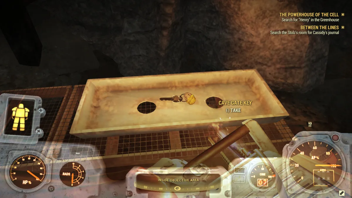 Looting the Cave Gate key in Fallout 76.