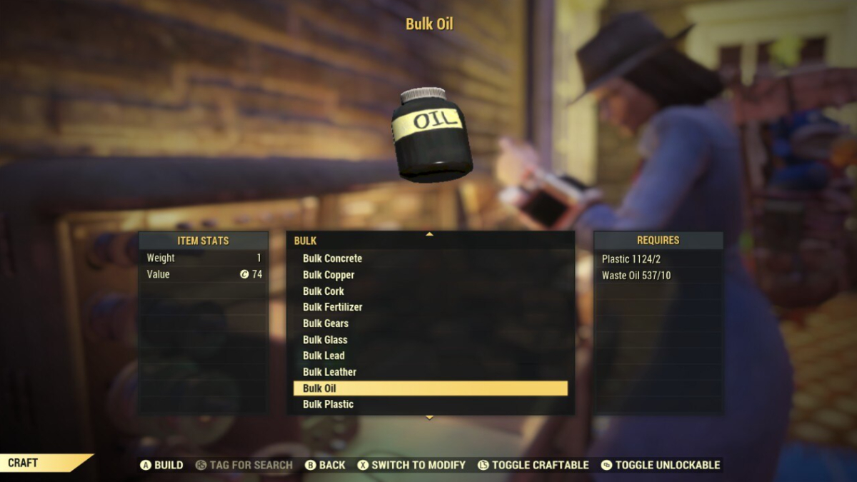 Crafting bulk Oil using a Tinkerer's Workbench in Fallout 76