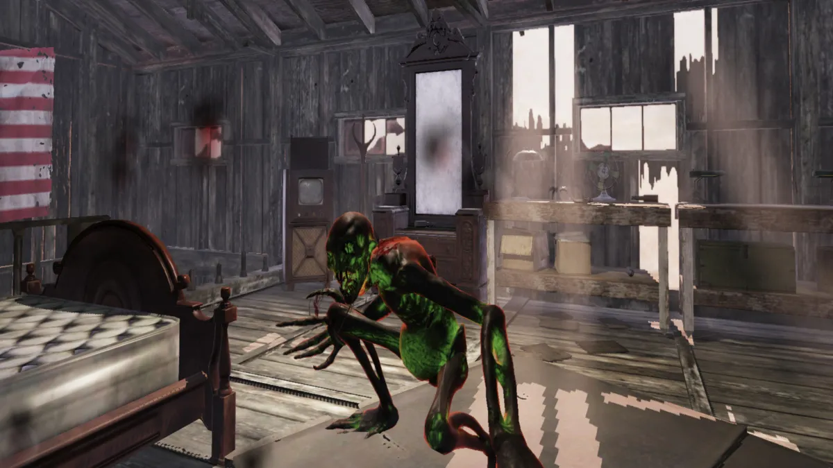 Fighting a glowing Wendigo at Appalachian Antiques in Fallout 76.