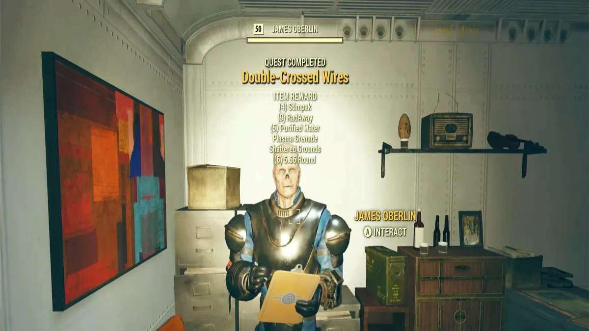 Looking at the rewards for finishing the Double-Crossed Wires quest in Fallout 76.