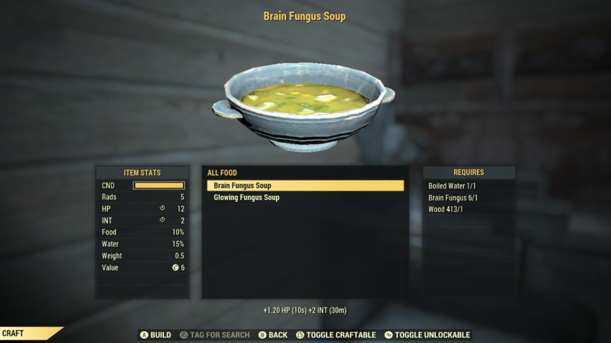 Making Brain Fungus Soup in Fallout 76.