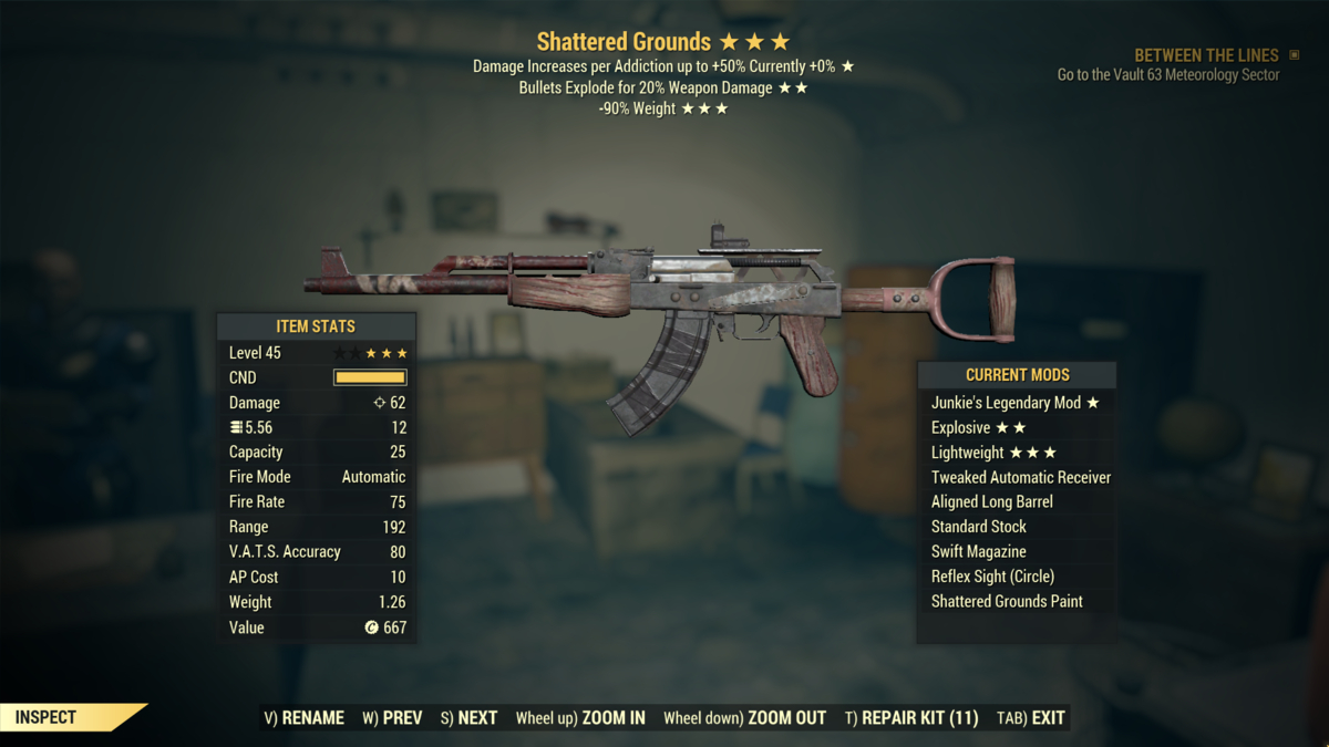 Inspecting the Shattered Grounds three-star legendary weapon in Fallout 76.