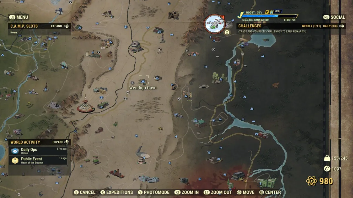 The location of the Wendigo Cave in Fallout 76 marked on the map.