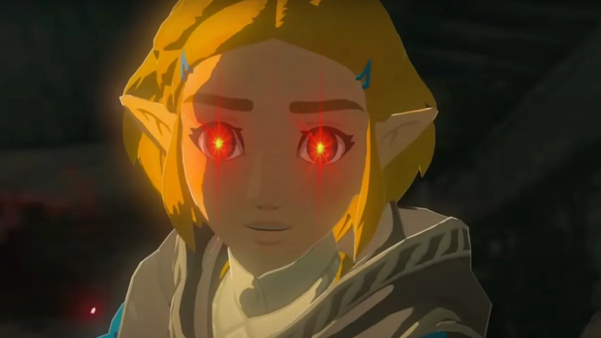 Meme edit of laser eyes on Zelda from Tears of the Kingdom