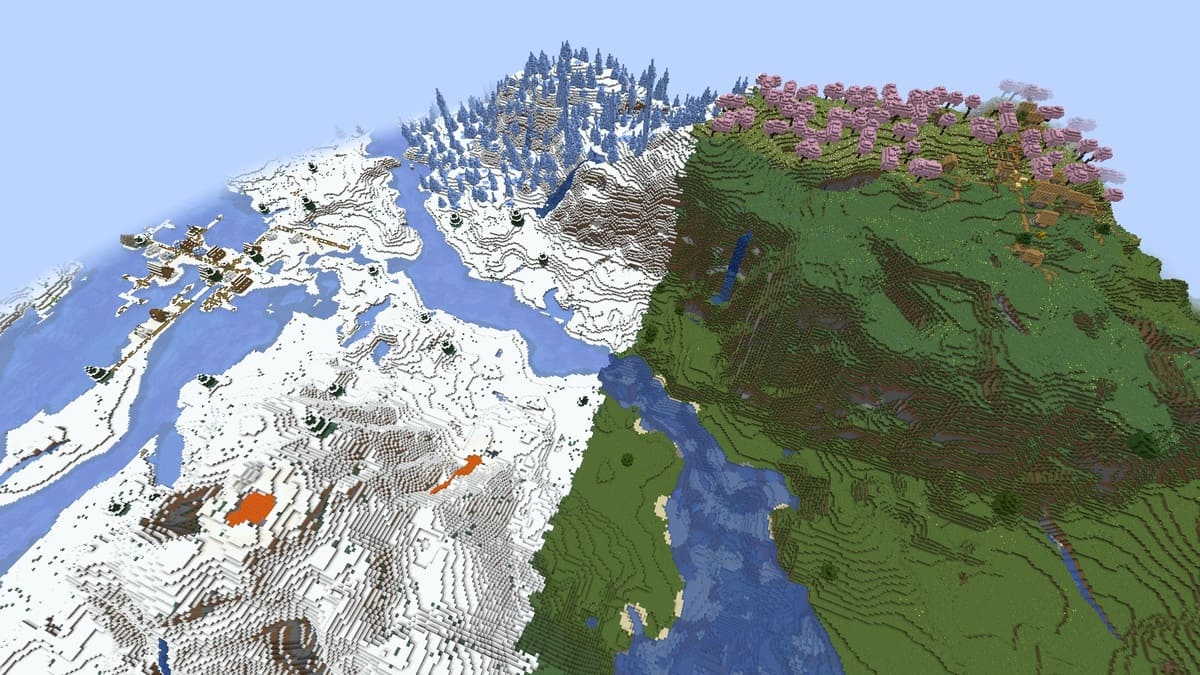 Cherry grove, ice spikes and double village in Minecraft