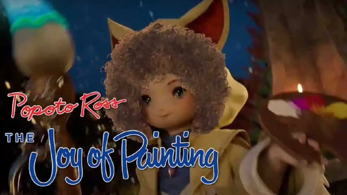 Krile in FFXIV dressed as Bob Ross