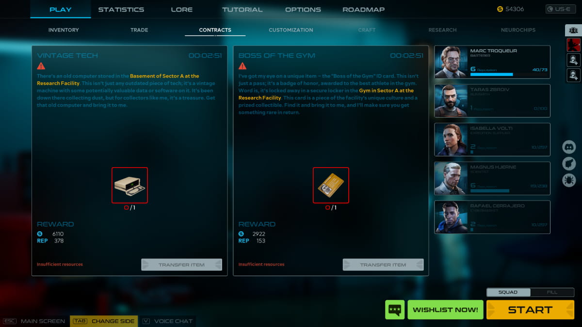 Contracts page in Level Zero: Extraction