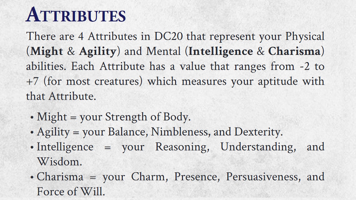 The description of Attributes found in the DC20 playtest.