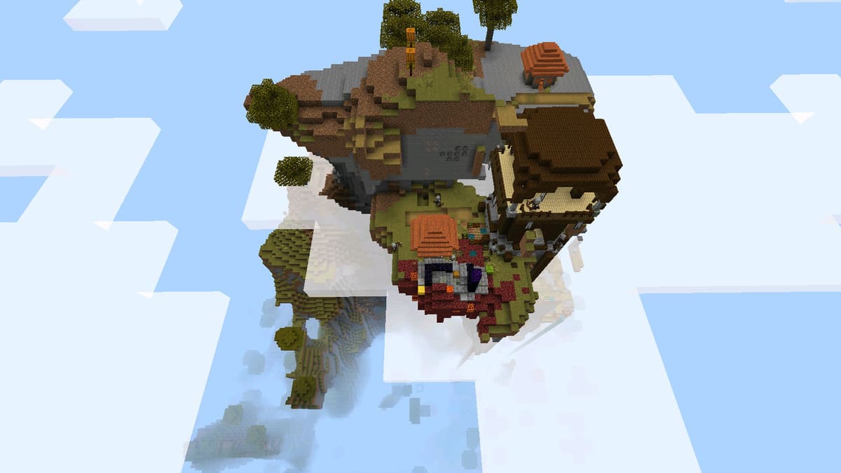 Village and pillager outpost bove the clouds in Minecraft