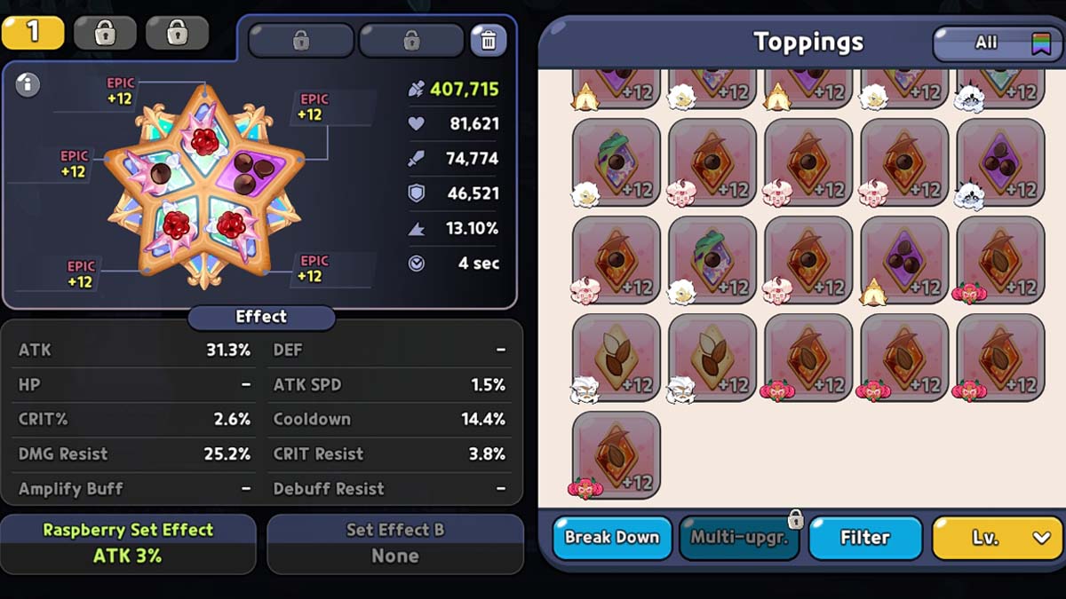 Raspberry and chocolate toppings menu in Cookie Run Kingdom