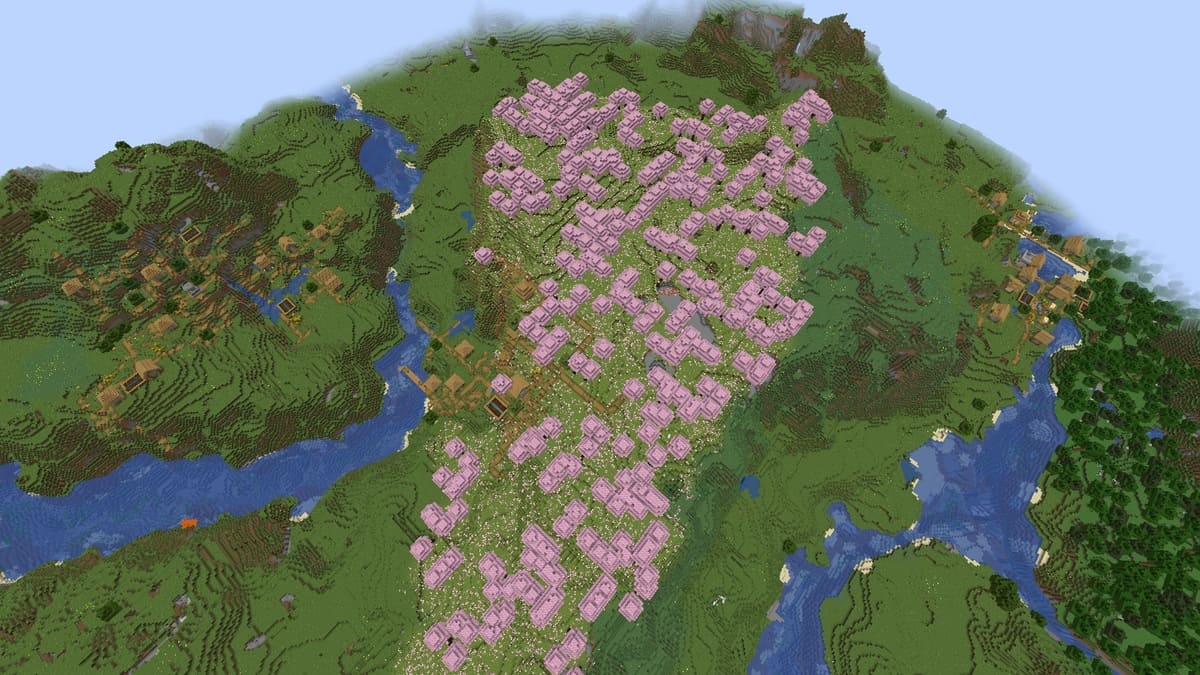 Cherry grove and triple village in Minecraft