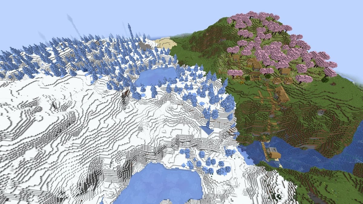 Cherry grove and ice spikes village in Minecraft