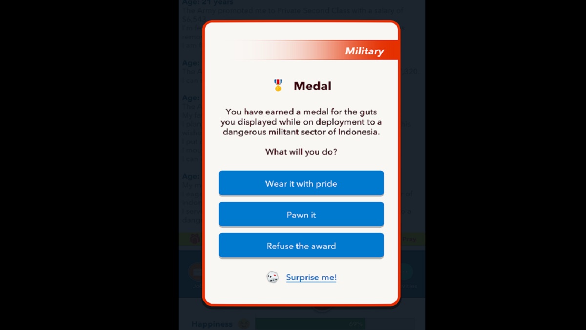 BitLife refuse a medal