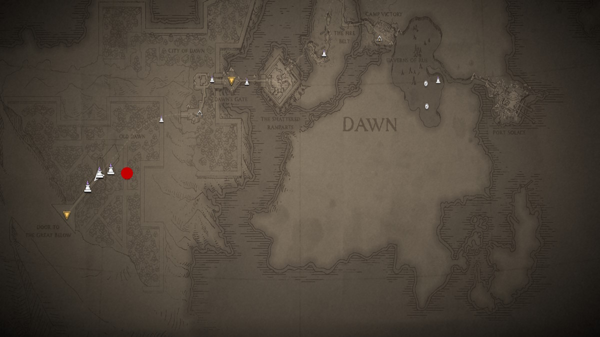 A map of the Dawn region from Flintlock: Siege of Dawn. The red dot indicates the location of Inya Shrine.