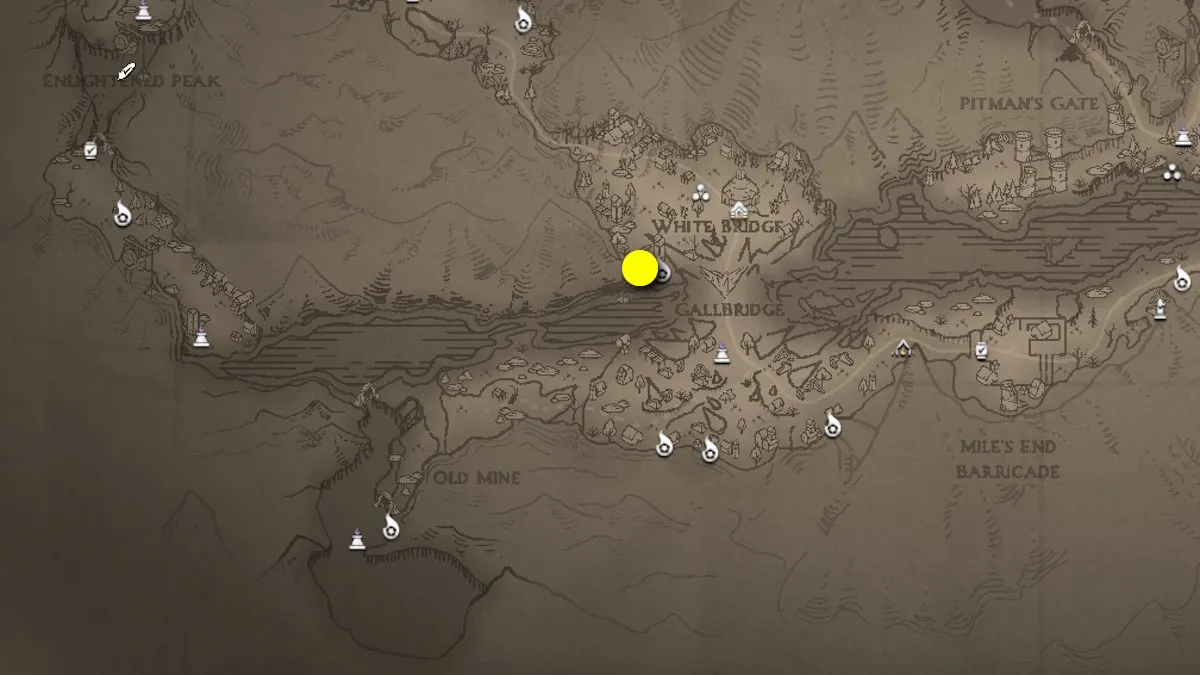 A map of the Three Peaks location of Flintlock: Siege of Dawn with a yellow dot positioned in the center.