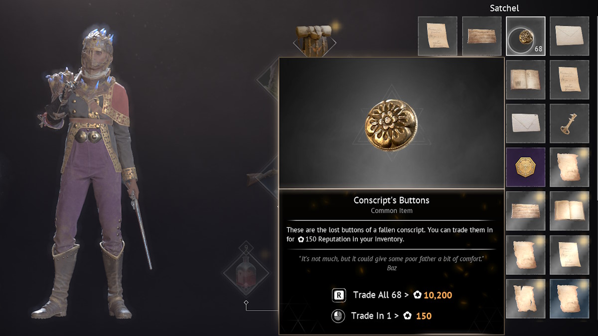 Examining a Conscript's Button in the inventory screen of Flintlock: Siege of Dawn. Nor can be seen on the side.