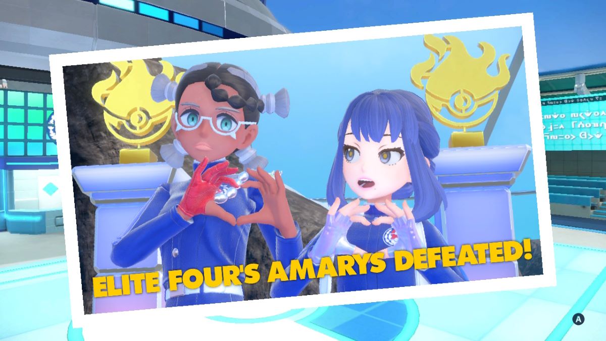 Player and Amarys pose for a photo in Pokemon Scarlet & Violet: Indigo Disk DLC