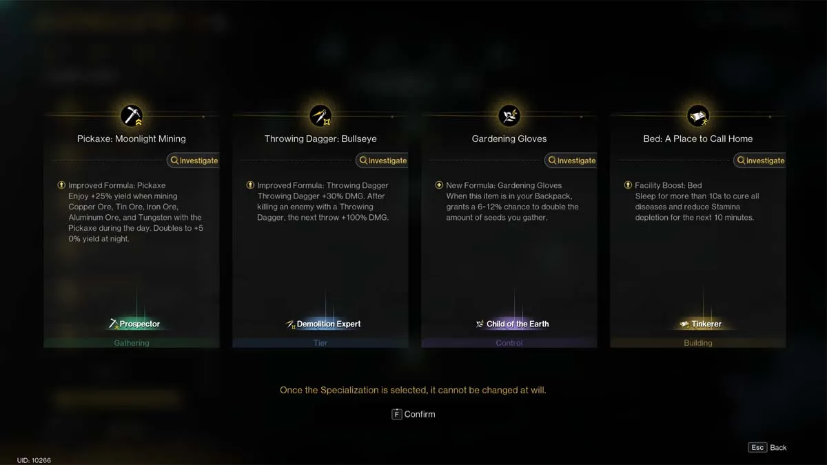 Specialization descriptions menu in Once Human