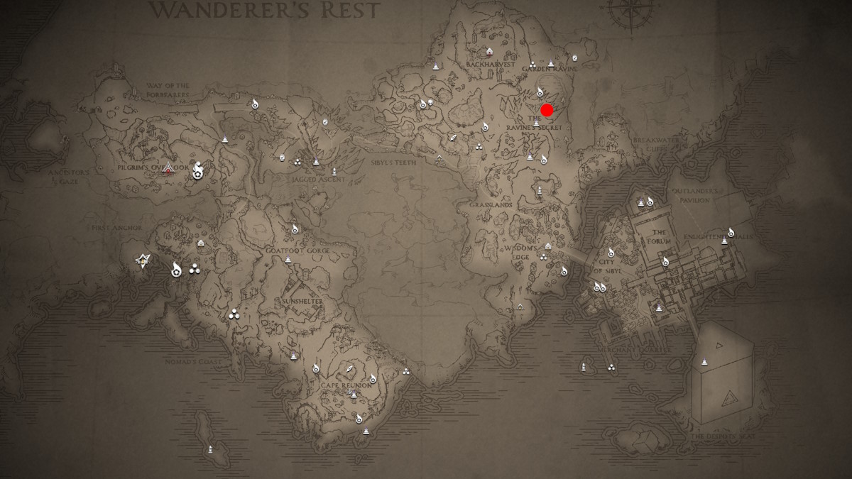 The map of Wanderer's Rest from Flintlock The Siege of Dawn with a red dot indicating the position of the Ravine Secret