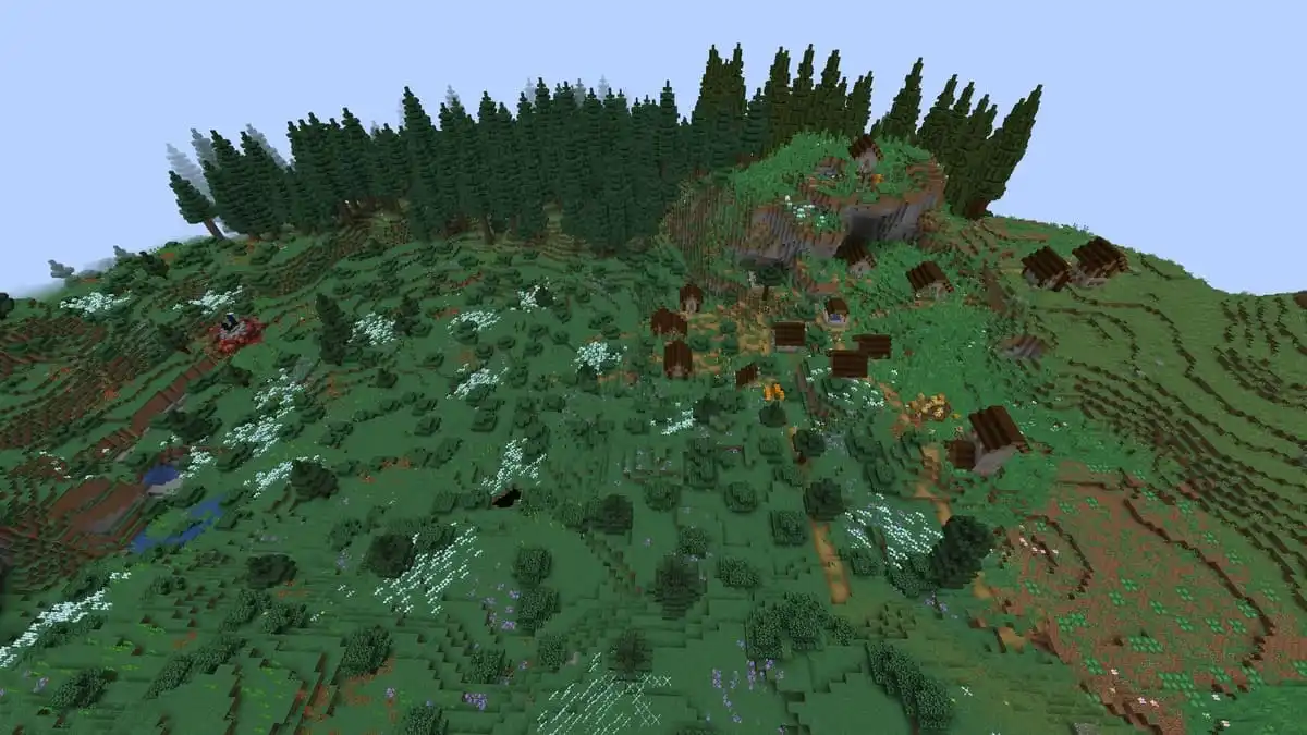 Coniferous forest and village in Minecraft