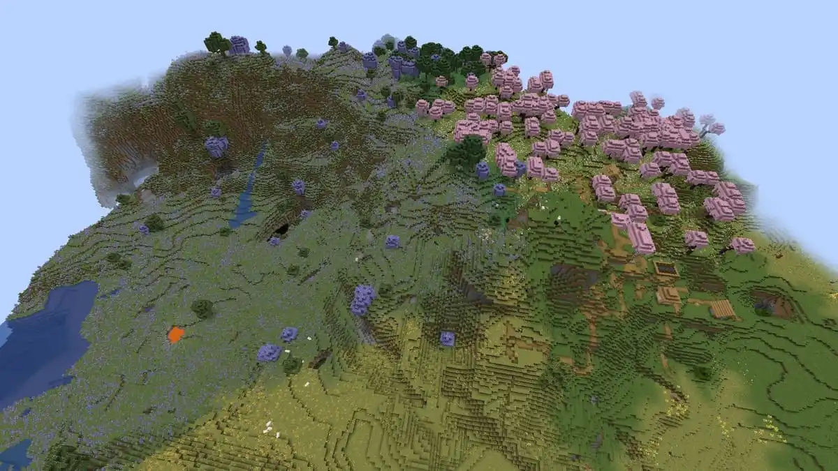 Lavender field and village in Minecraft