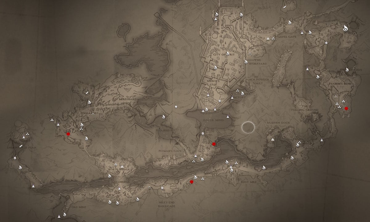 A map of the Three Peaks region from Flintlock: Siege of Dawn. Red dots indicate the location of Inya Shrines.