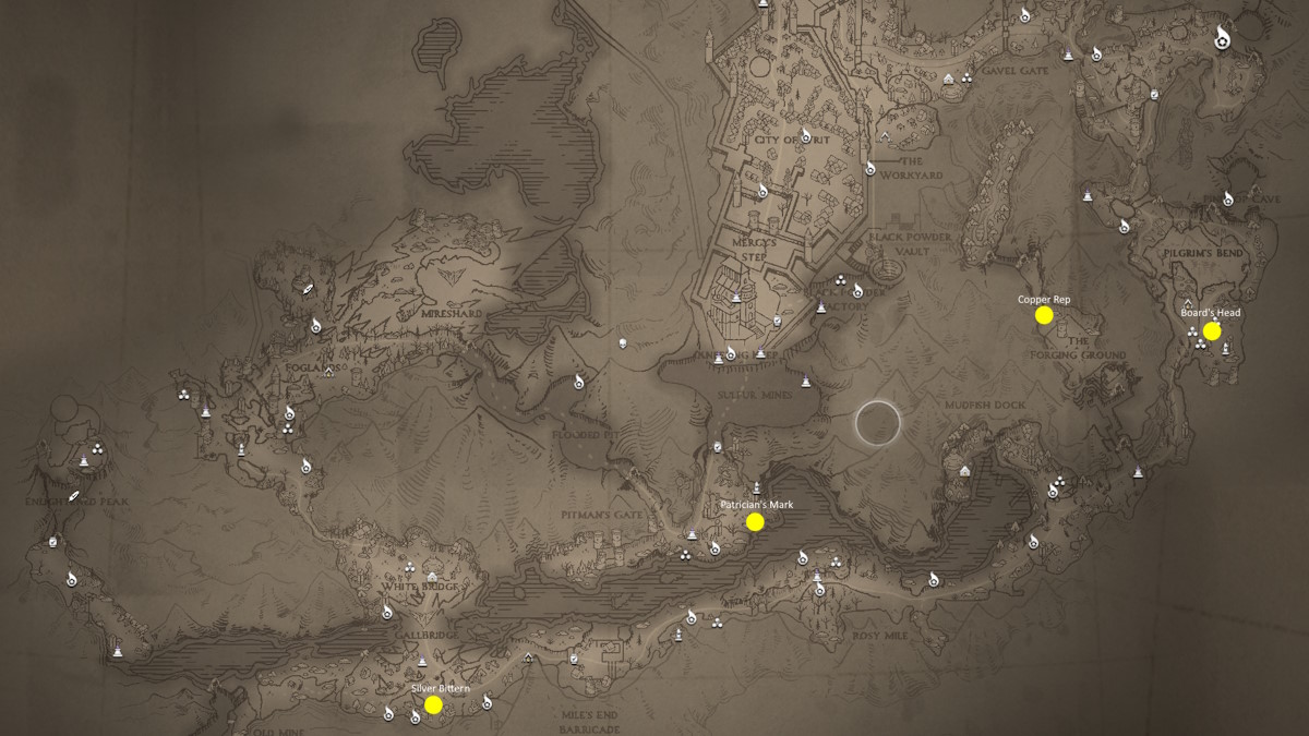 The map of Three Peaks from Flintlock: The Siege of Dawn with yellow dots indicating Sebo coins.